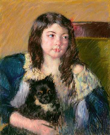 玛丽·卡萨特的《弗朗索瓦兹，抱着一只小狗，遥望右边》