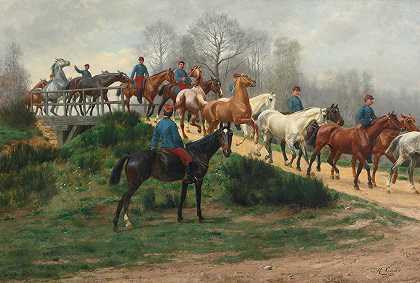 让-理查德·古比的《士兵牵着马过桥》