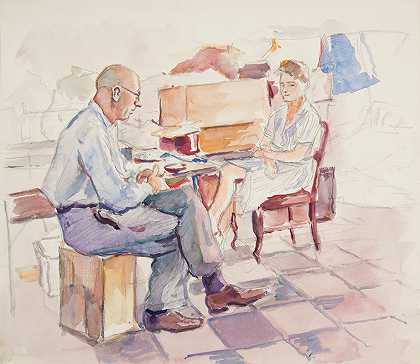伊万·伊万内克（Ivan Ivanec）的《坐在桌子旁的男人和坐在椅子上的女人的场景研究》