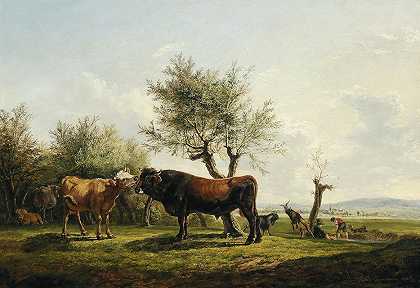 弗里德里希·奥古斯特·马蒂亚斯·高尔曼的《牧场上舔牛的奶牛》