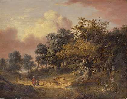 罗伯特·拉德布鲁克（Robert Ladbrooke）的《女人和孩子走在路上的森林风景》