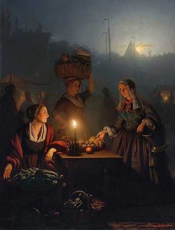 Petrus van Schendel的《在夜市买水果和蔬菜》