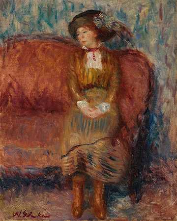 威廉·詹姆斯·格拉肯斯的《坐在红色沙发上的女人》