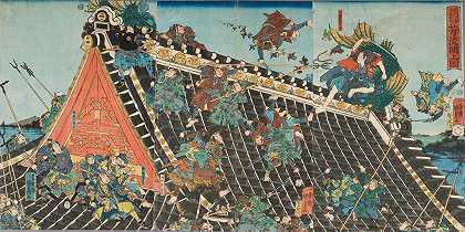 “Hōryūkaku屋顶上的战斗，摘自Utagawa Kunisada II的戏剧《八条狗的故事》（Hakkenden）
