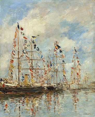 Eugène Boudin的《Trouville Deauville帆船盆地》