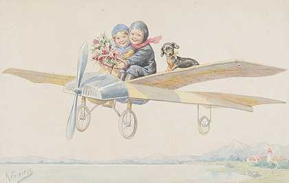 卡尔·费尔塔格的《两个孩子和一只腊肠犬在飞机上》