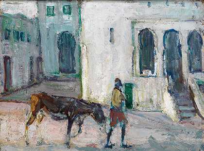 亨利·奥萨瓦·坦纳的《街头场景，丹吉尔（男子牵小牛）》