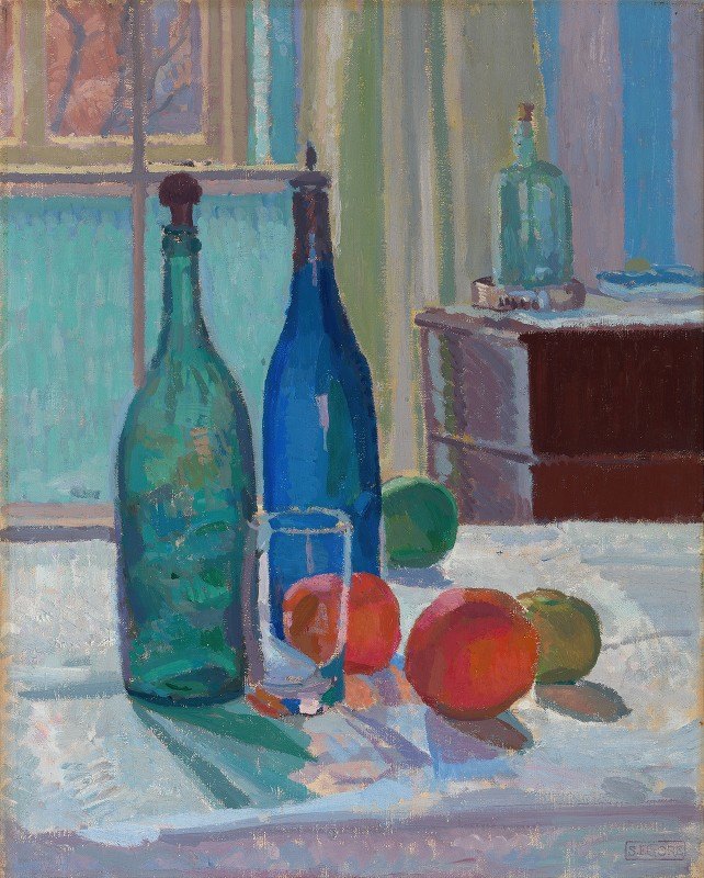 斯宾塞·弗雷德里克·戈尔的《蓝色和绿色的瓶子和橙子》