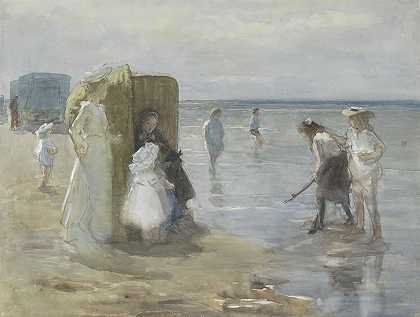 约翰·安东尼·德·琼格（Johan Antonie de Jonge）在舍弗宁根海滩（Scheveningen beach）与两位女士和孩子一起沿着洪水线观看