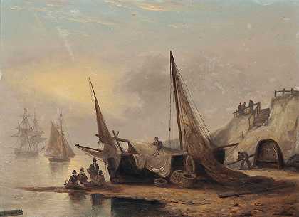 托马斯·鲁尼（Thomas Luny）的《渔民坐在船旁，低潮，德文郡》