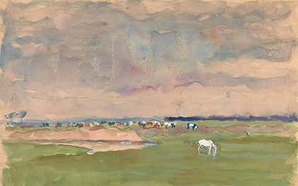 伊万·伊万内克（Ivan Ivanec）的《牧草中的马和牛的夏季风景》