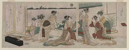 “冢坂和小谷的其他礼宾在吉原的阳台上观看秋月升起的稻田”