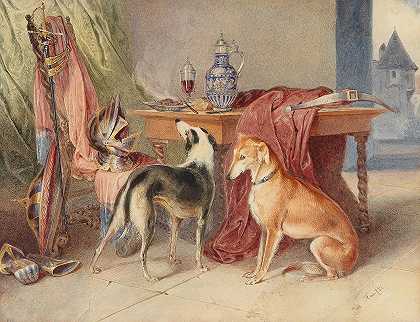 约翰·马蒂亚斯·兰夫特尔（Johann Matthias Ranftl）的《室内有灰狗，静物有盔甲》