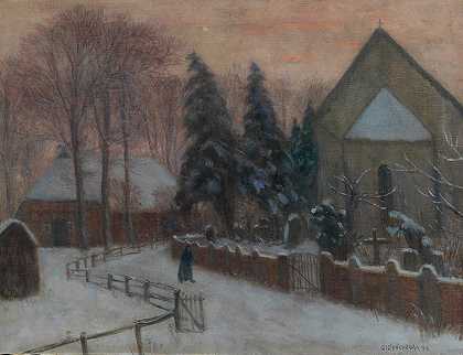 奥托·莫德松的《冬天的夜晚，费舍胡德教堂与家》