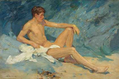亨利·斯科特·塔克的《一个躺在岩石上的裸体男性》