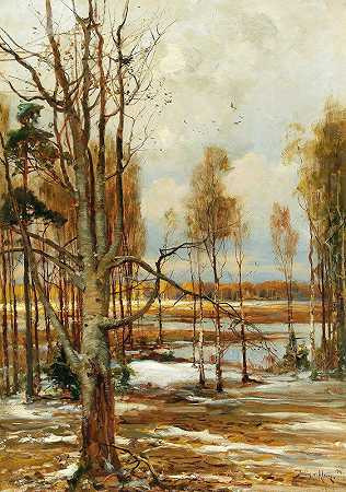 朱利叶斯·塞尔吉乌斯·克莱弗（Julius Sergius Klever）的一幅早春风景画，前景是一棵山毛榉树