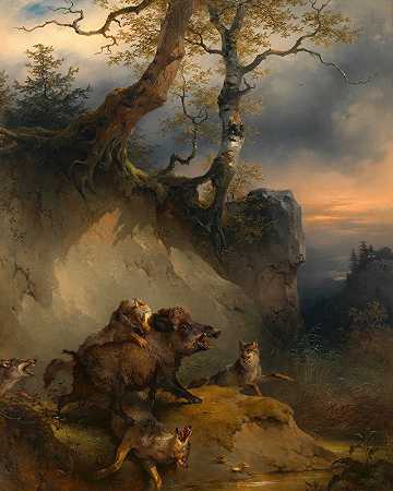弗里德里希·奥古斯特·马蒂亚斯·高尔曼（Friedrich August Matthias Gauermann）的野猪被狼袭击