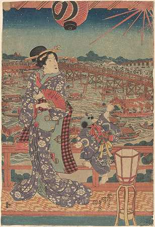 Utagawa Kunisada《身穿紫色和服的女人和孩子俯瞰船和桥》（Toyokuni III）