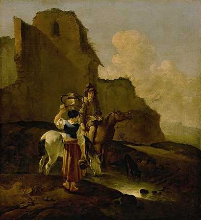 Karel Dujardin的《废墟附近有两个农民和马的意大利风景》