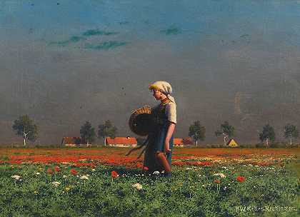 保罗·威廉·凯勒·鲁特林根的《罂粟地里带着篮子和瓶子的女孩》