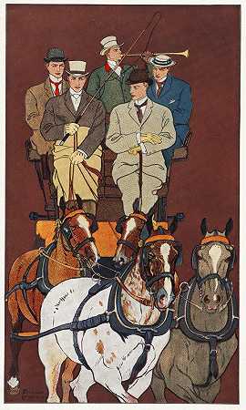 “五个人坐在爱德华·彭菲尔德的四匹马拉的马车上