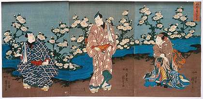 《演员小野菊五郎III观赏菊花和溪流》，作者：Utagawa Kuniyoshi