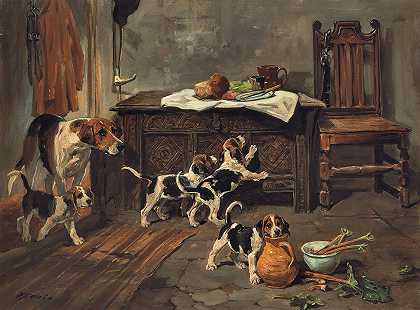 约翰·埃姆斯的《室内的猎犬和小狗》