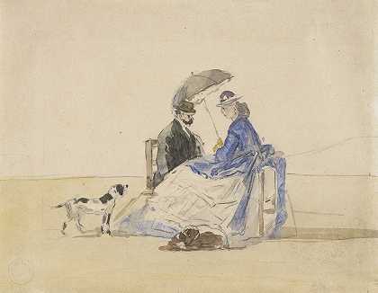 《一对夫妇与两只狗坐在沙滩上》，作者：Eugène Boudin