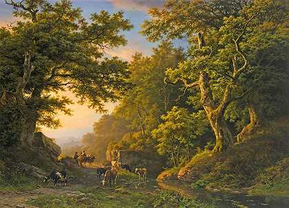 Barend Cornelis Koekkoek的《树木风景中的人物》