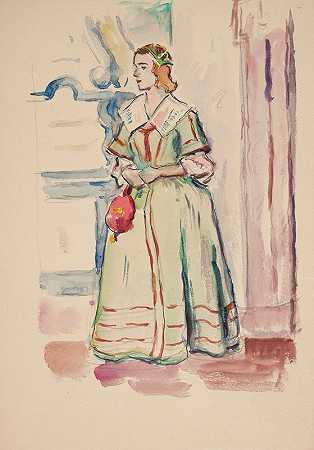伊万·伊万内克研究了一位身着历史服装的年轻女子（女演员）站在波德霍尔茨宫桌厅的身影