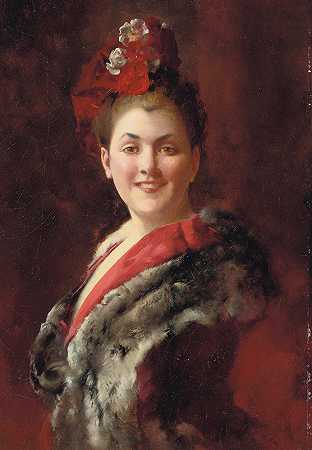 古斯塔夫·让·雅克（Gustave Jean Jacquet）的《一位穿着毛皮衬里披肩的女士》