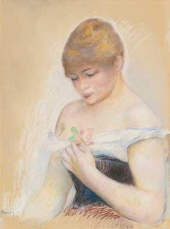 皮埃尔·奥古斯特·雷诺阿（Pierre Auguste Renoir）举着一朵花的年轻女子（珍妮·萨马里的肖像）