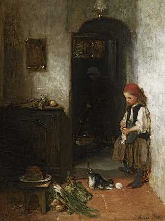 雅各布·马里斯的《一个女孩和一只正在玩耍的小猫》