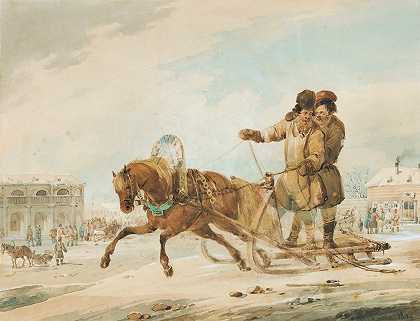 卡尔·伊万诺维奇·科尔曼的《雪橇穿越俄罗斯小镇》
