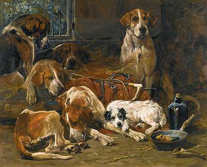 约翰·埃姆斯的《狩猎后新森林猎犬和一只梗在他们的小屋里》