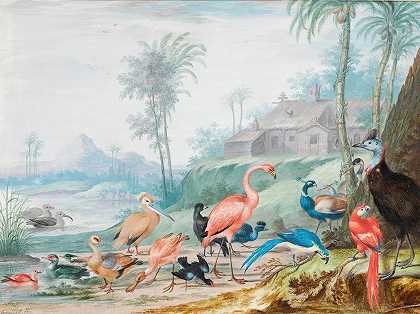 约翰内斯·布朗克霍斯特（Johannes Bronckhorst）的《棕榈树下的风景、一座建筑和远处的山脉中的一群异国鸟》
