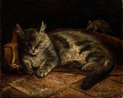 阿道夫·冯·贝克尔的《睡灰猫和老鼠》