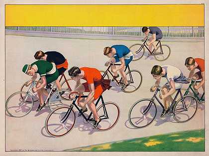 Strobridge Lith.Co.七名骑自行车的人在比赛。