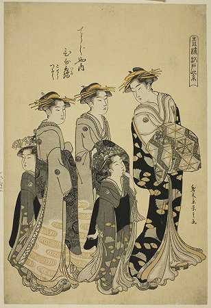 “Chōbunsai Eishi的《Chojiya的宫廷小夜和她的侍从》，出自《欢乐宿舍的江户紫》（江户村崎）系列