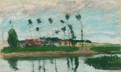 卡米尔·皮萨罗（Camille Pissarro）在Un池塘边的村庄