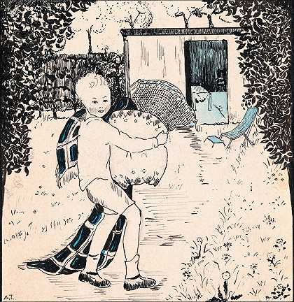 a.廷伯根的《花园里有枕头和毯子的男孩》