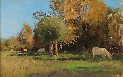 阿尔弗雷德·佐夫（Alfred Zoff）的《在兰根捕食附近放牧的奶牛》