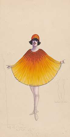 威尔·R·巴恩斯（Will R.Barnes）绘制的橙色和黄色披风式服装和内衣素描