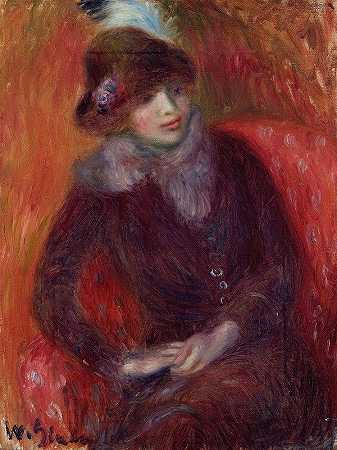 威廉·詹姆斯·格拉肯斯的《带毛皮领口和红色背景的坐着的女人》