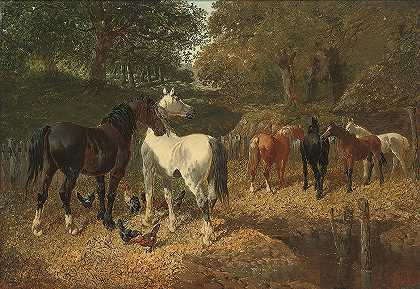 小约翰·弗雷德里克·赫林的《小溪边的母鸡和马》。