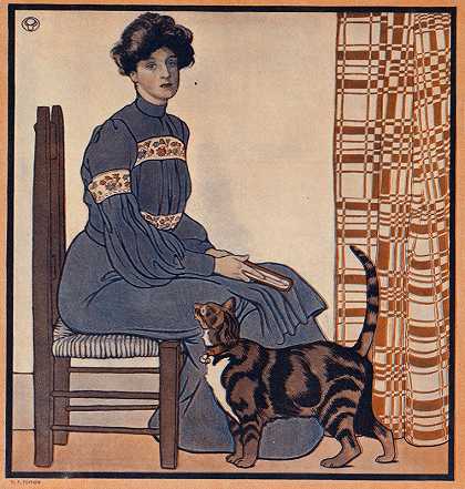 爱德华·彭菲尔德（Edward Penfield）著《坐在椅子上拿着书的女人，一只猫在旁边看着》