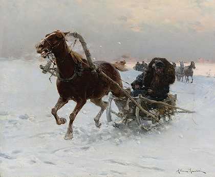 Alfred Von Wierusz Kowalski的《雪橇大篷车》