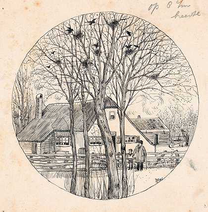 父亲和儿子在D·福尔的树上看着乌鸦格瑞特