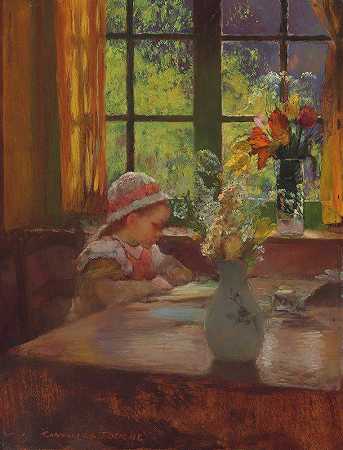“一个戴着帽子的年轻女孩在窗前阅读加斯顿·拉图奇的作品