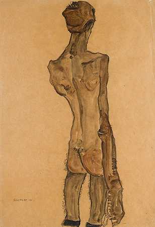 埃贡·席勒的《站立男性裸体，后视图》